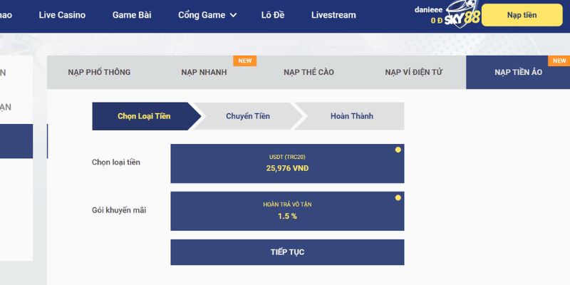 Sky88 mới cập nhật hình thức nạp tiền ảo