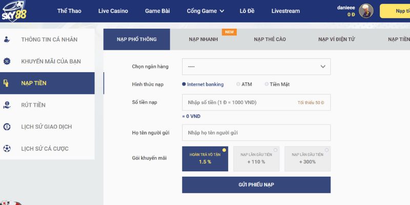 Nạp tiền phổ thông là phương thức thanh toán được nhiều người sử dụng tại Sky88